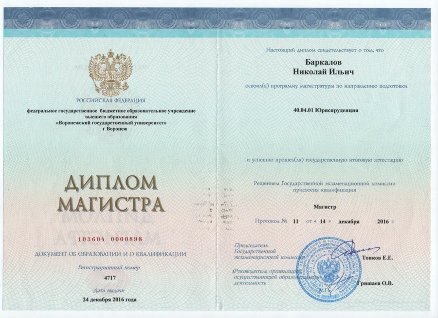 Диплом магистра Николая Ильича Баркалова, Воронежский государственный университет, 2016 год